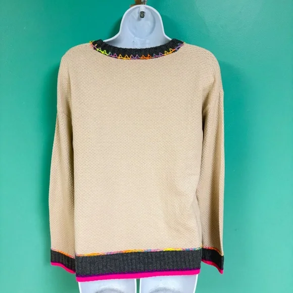 Lisa Todd Cream/Tan & Neon Rainbow Colorblock Border Order Knit Cotton Sweater M - Picture 6 of 8